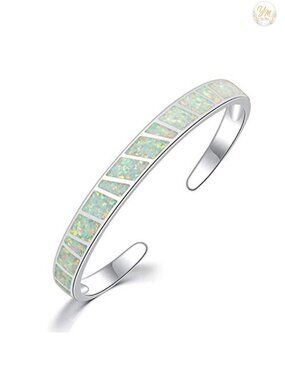 CiNily Cuff Bracelet 18K White Gold Plated Brass Created Opal Bangle